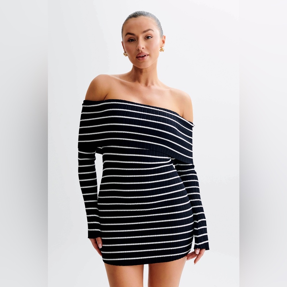 Off-Shoulder Black and White Striped Dress